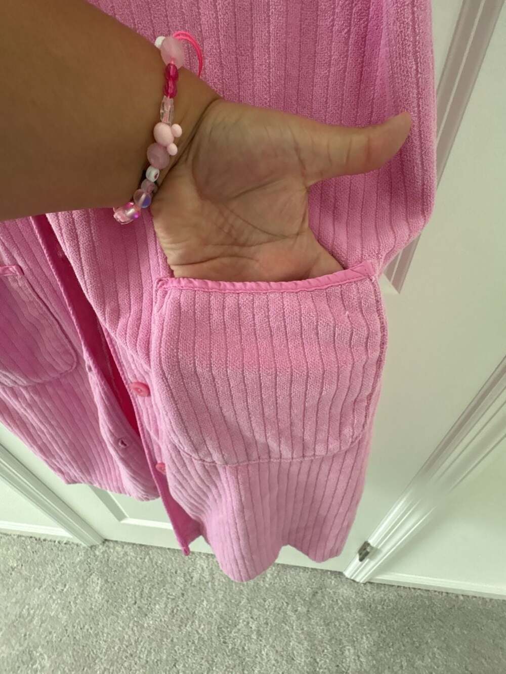Calypso Pink Ribbed Terry Cloth Button-Front Lounger Robe - Picture 5 of 8